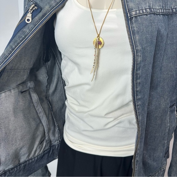 GUESS CAFE RACER jean jacket ZIP FRONT distressed blue denim UNISEX blue jean L - Picture 11 of 14